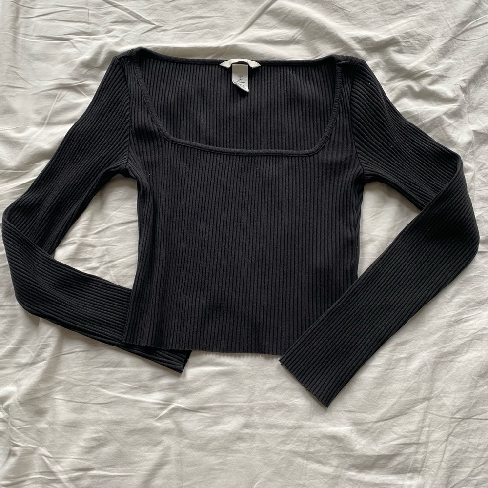 H&M Black Ribbed Square Neck Long Sleeve Crop Top